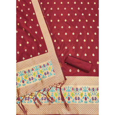 Maroon Floral Zari Woven Banarasi Silk Dress Material