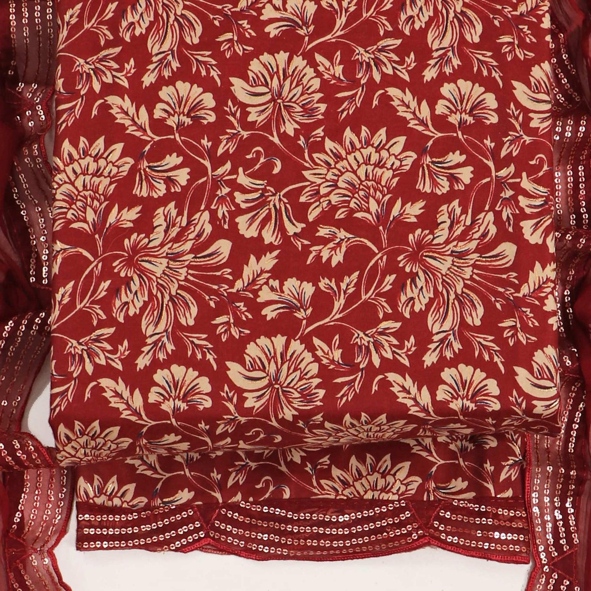 Maroon Floral Foil Printed Cotton Blend Dress Material
