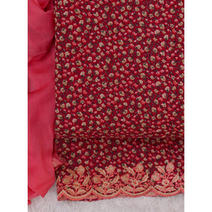 Cherry Red Floral Printed With Embroidery Cotton Silk Dress Material