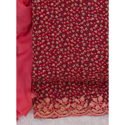 Cherry Red Floral Printed With Embroidery Cotton Silk Dress Material