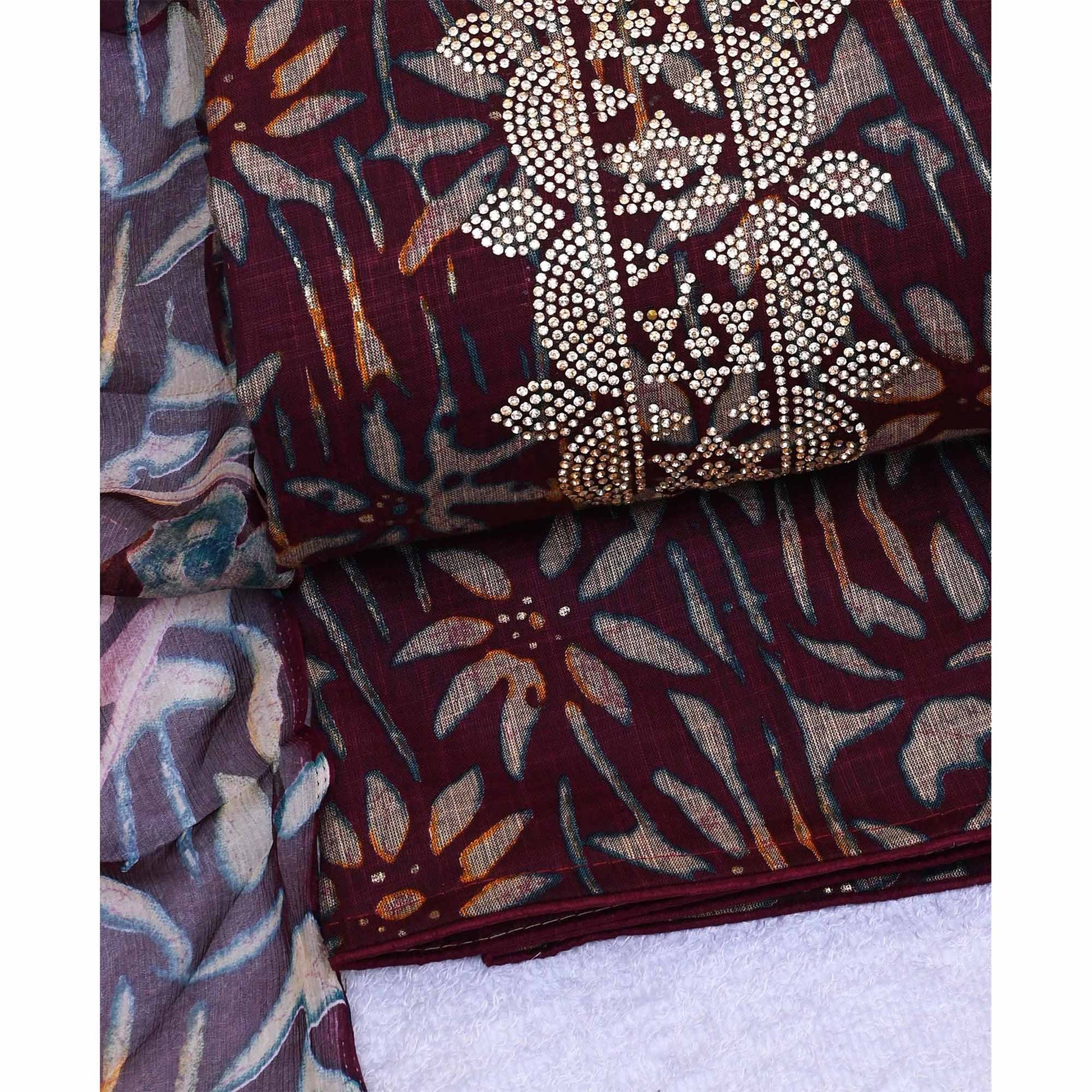 Maroon Floral Printed Pure Cotton Dress Material