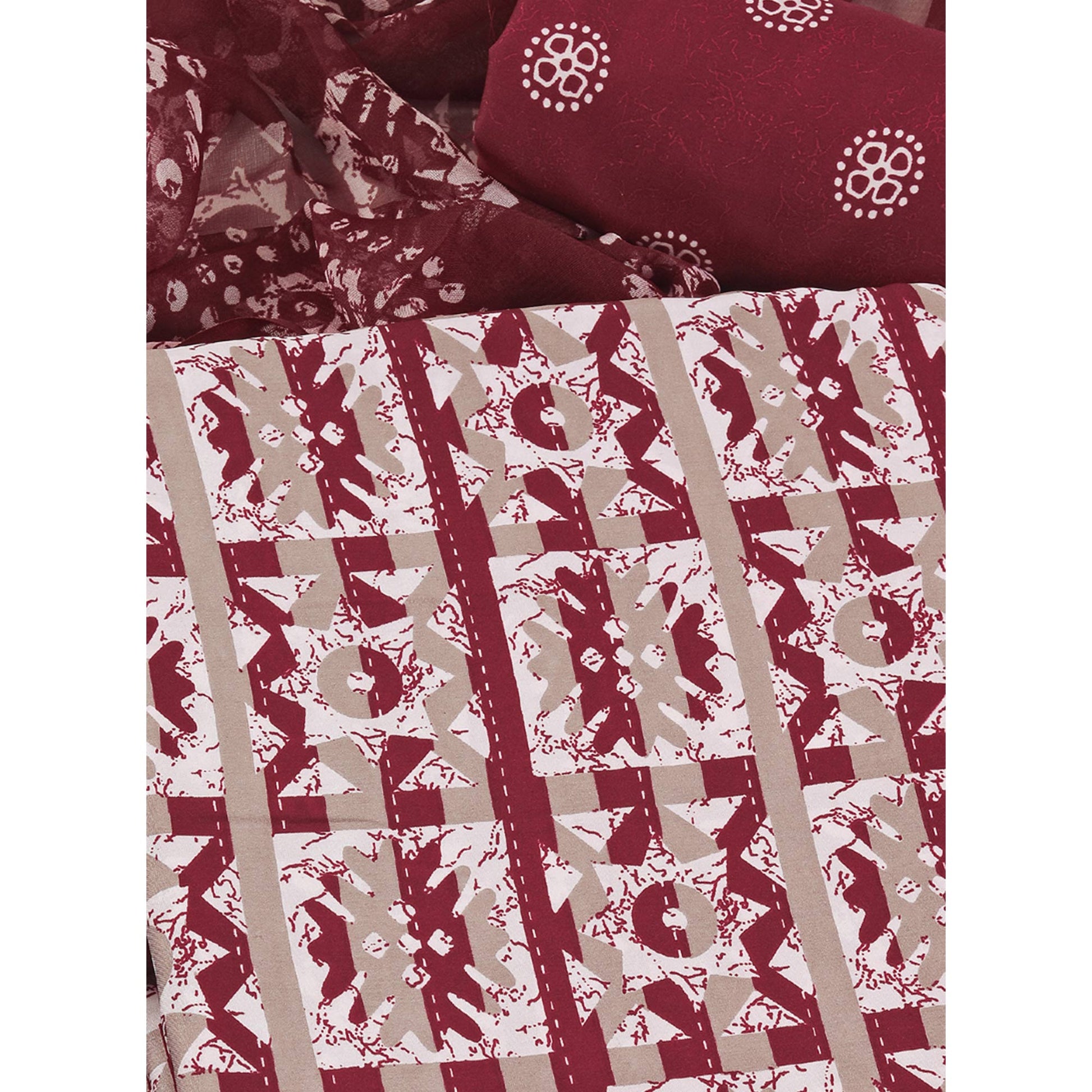 Maroon & Brown Geometric Printed Crepe Dress Material