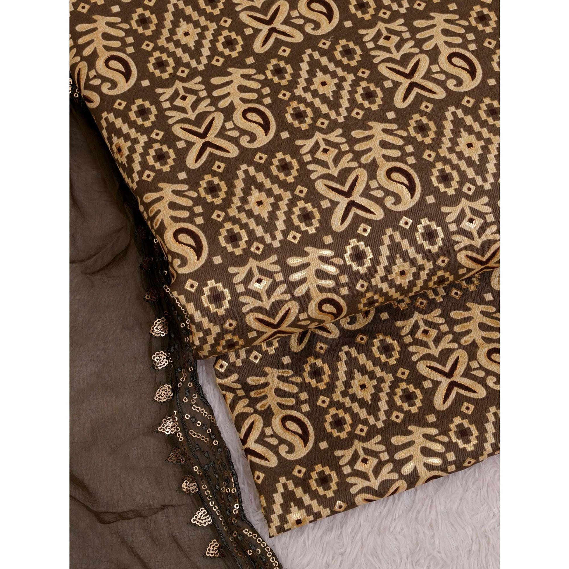 Brown Foil Printed Cotton Blend Dress Material