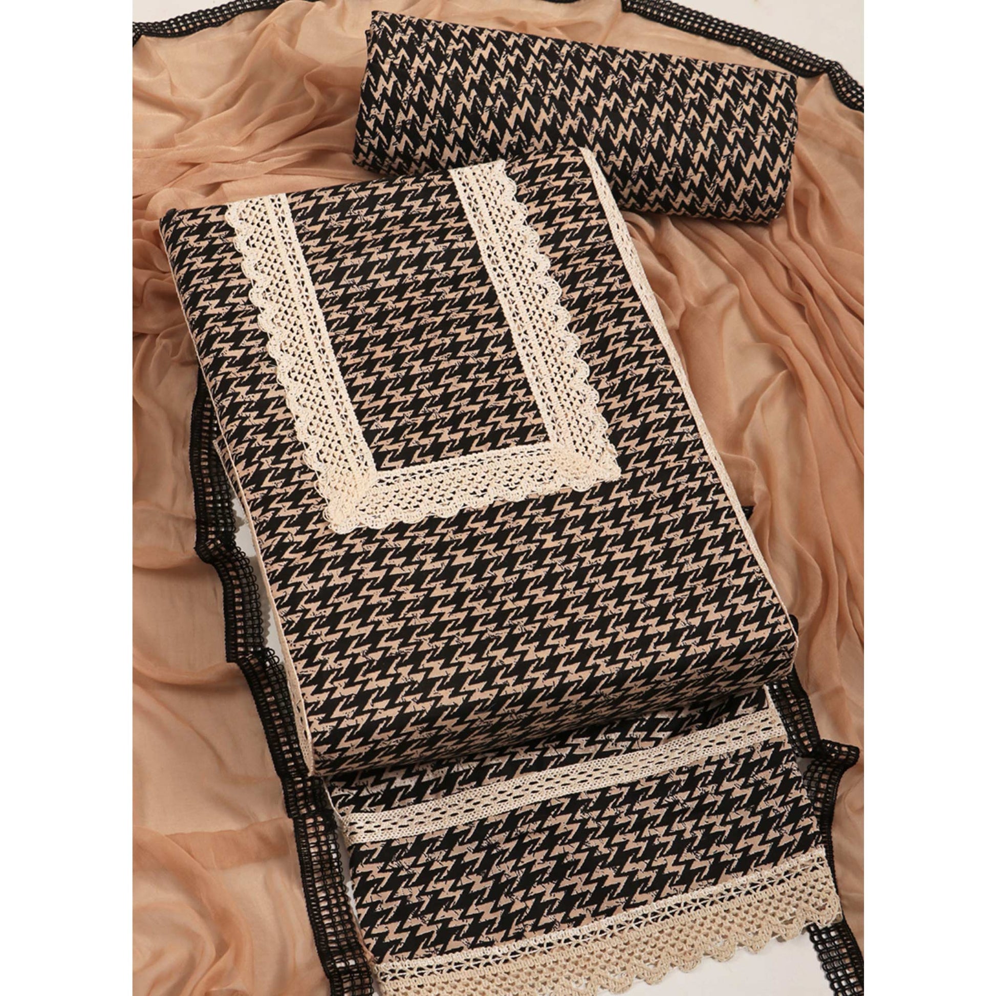 Cream & Black Printed Pure Cotton Dress Material