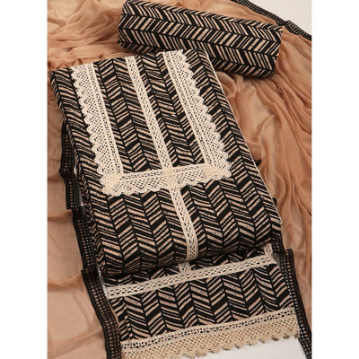 Cream & Black Printed Pure Cotton Dress Material