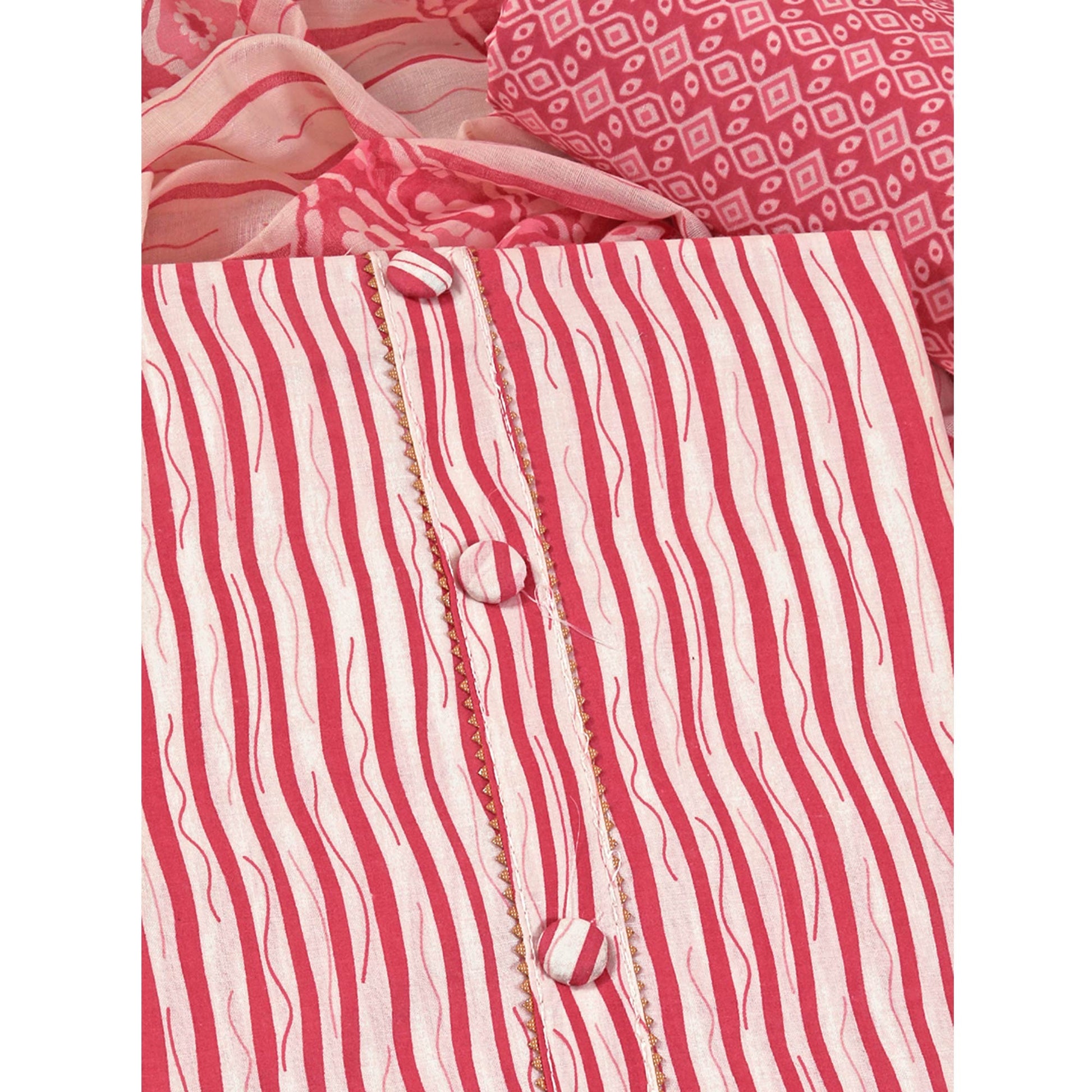 Gajari Pink Leheriya Printed With Gota Patti  Work Pure Cotton Dress Material