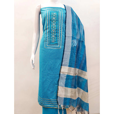 Blue Woven With Handwork Cotton Blend Dress Material