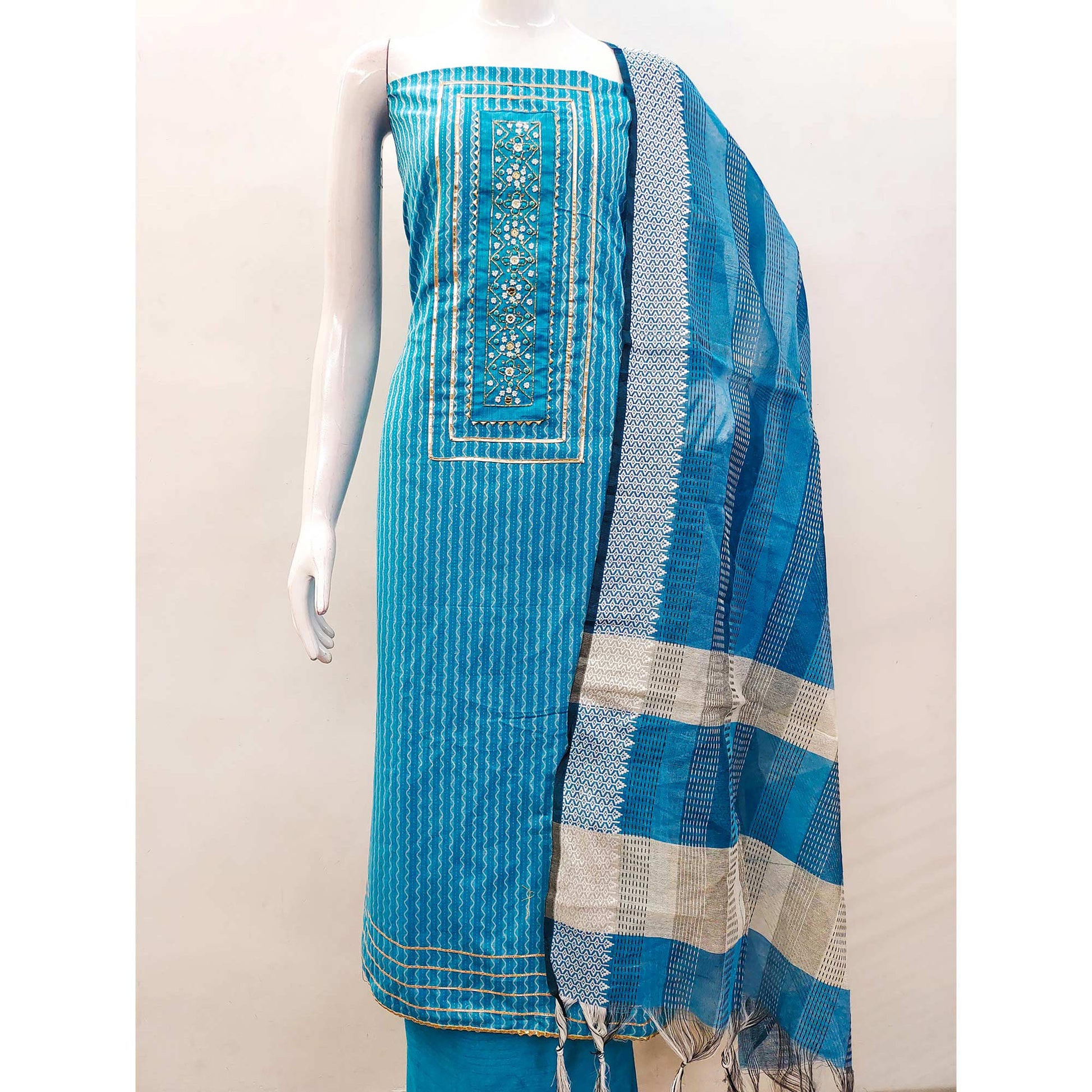 Blue Woven With Handwork Cotton Blend Dress Material