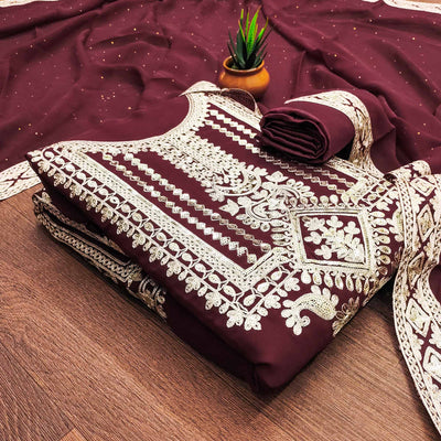 Maroon Floral Sequins Embroidered Georgette Dress Material