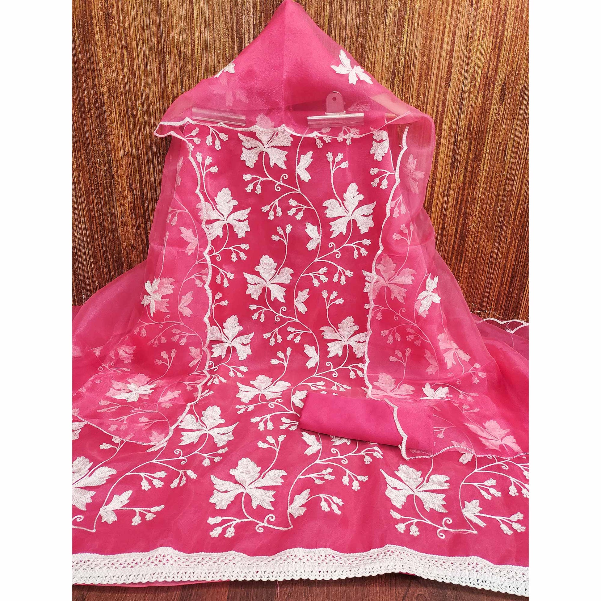 Gajari Pink Floral Embroidered Organza Dress Material