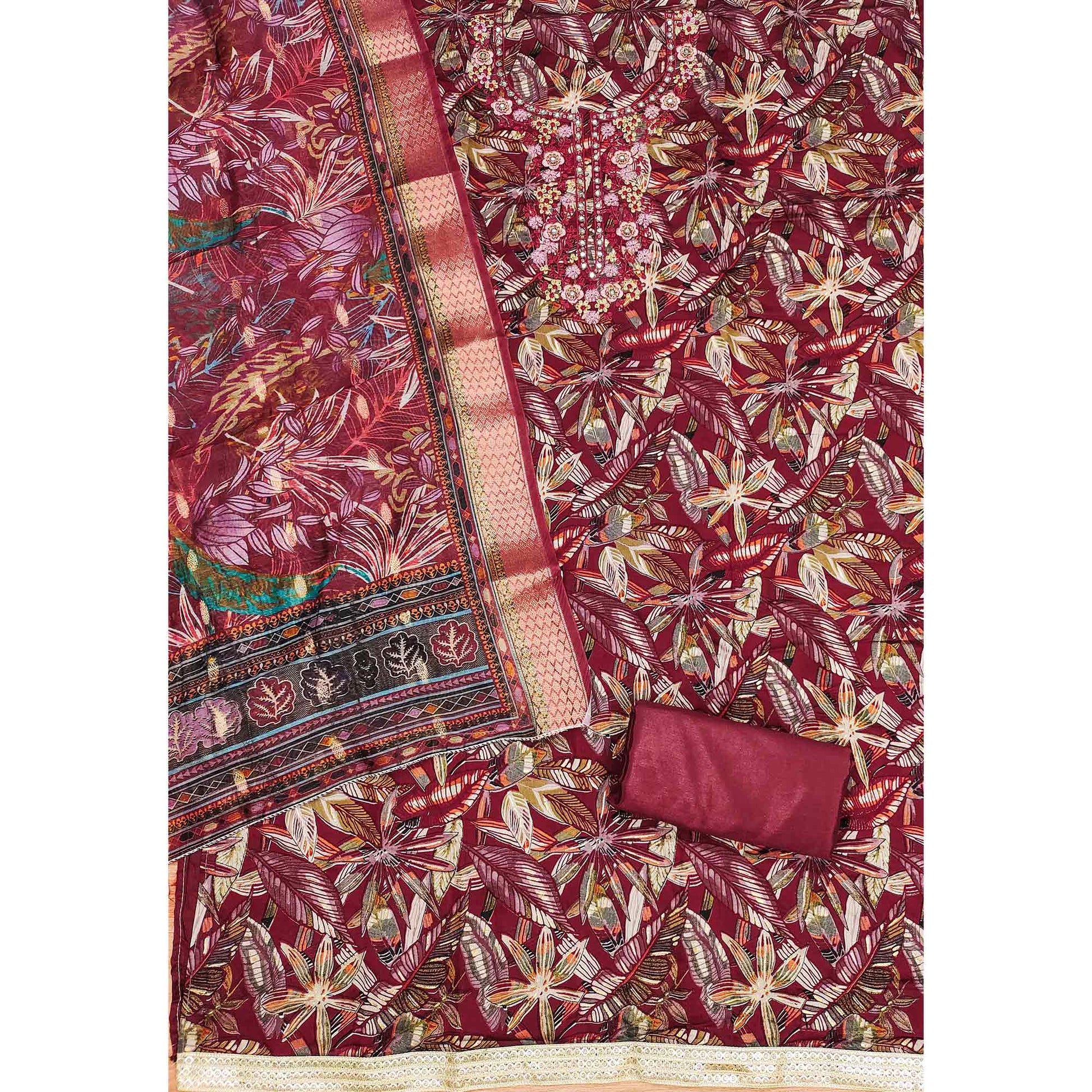 Maroon Floral Printed Pure Cotton Dress Material
