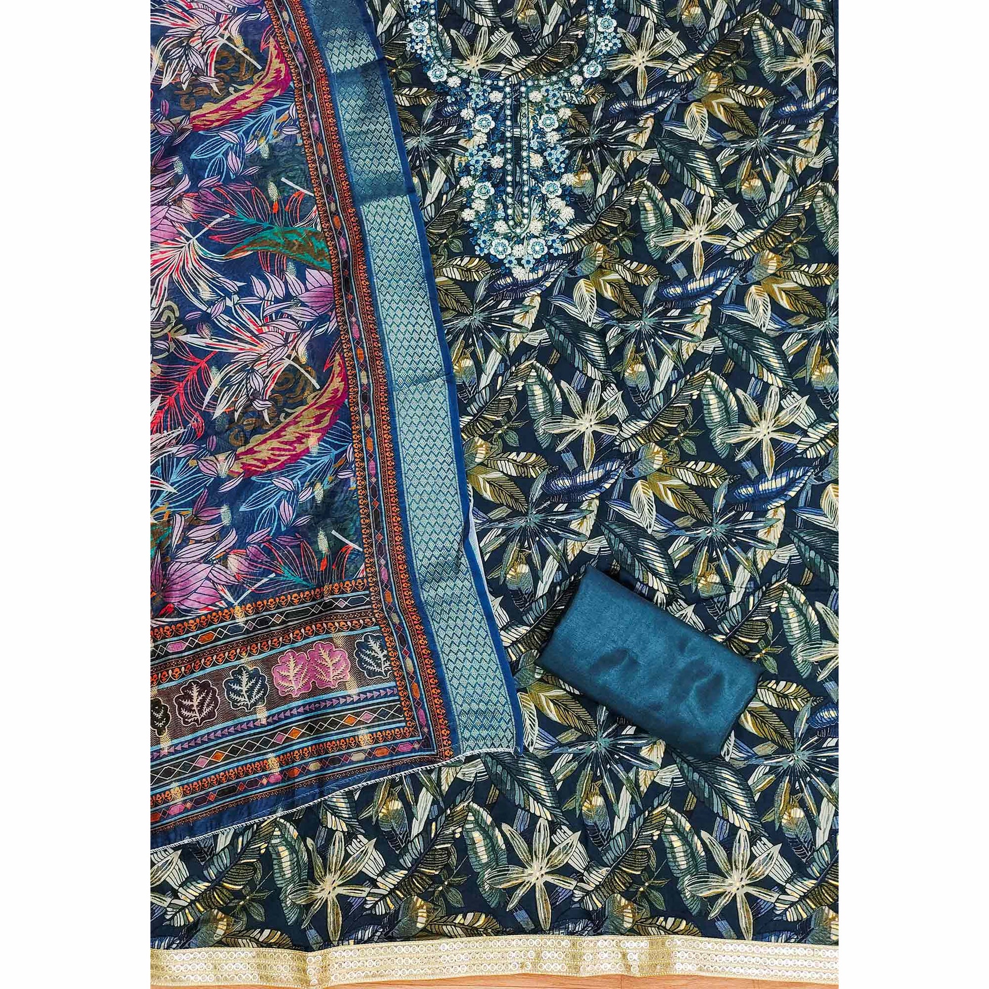 Morpich Blue Floral Printed Pure Cotton Dress Material