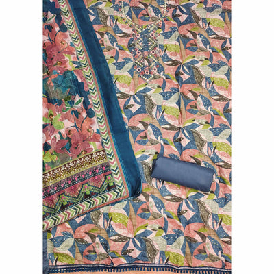 Bluish Grey Floral Foil Printed With Embroidery Modal Cotton Silk Dress Material