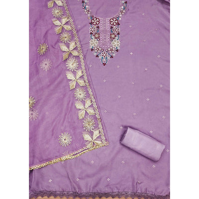 Lavender Floral Embroidered Soft Organza Dress Material
