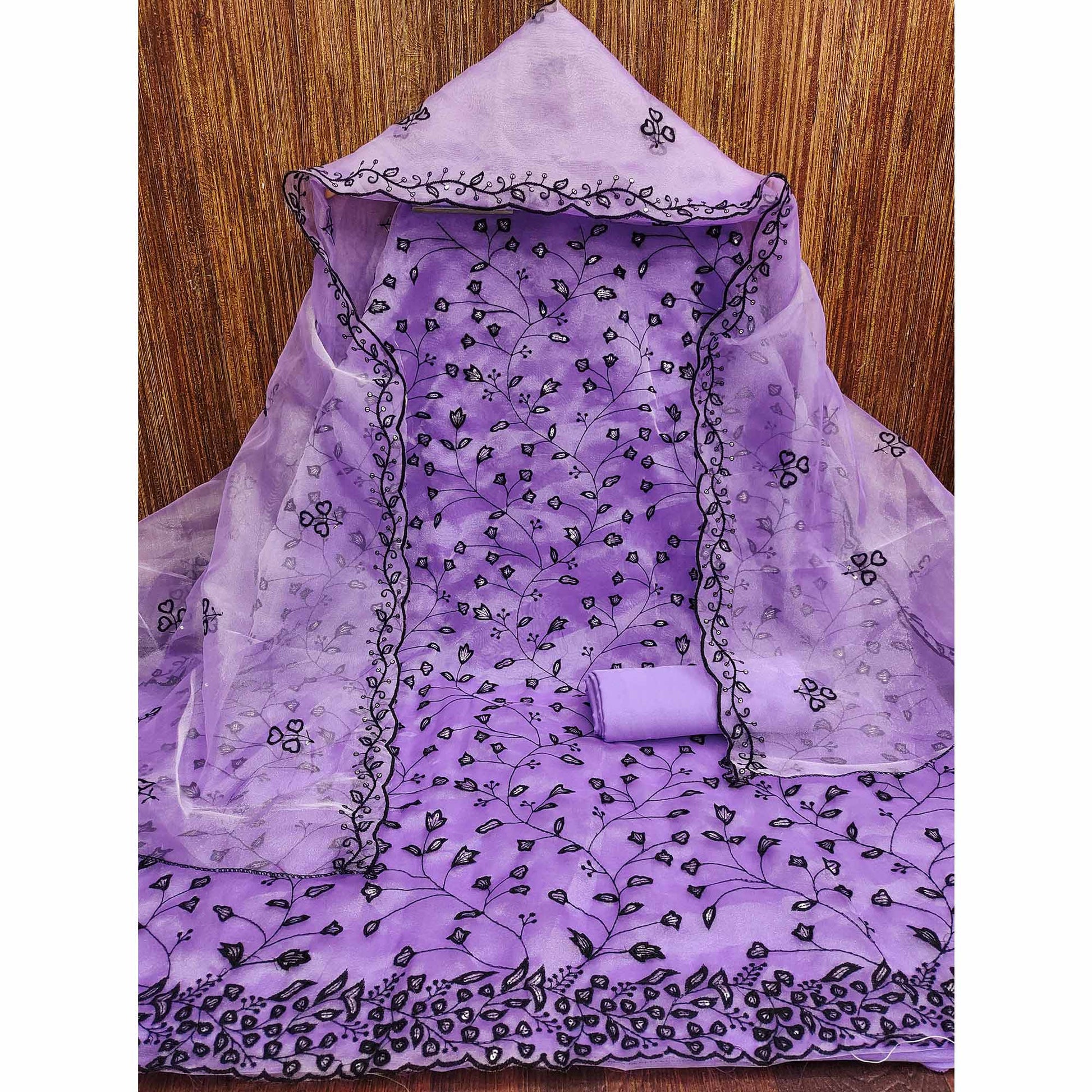 Lavender Floral Sequins Embroidered Organza Dress Material