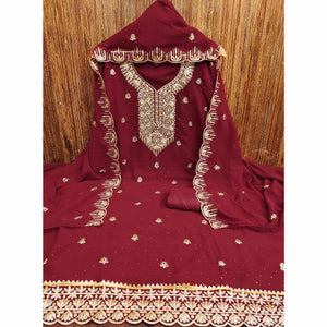 Maroon Floral Embroidered With Stonework Georgette Dress Material