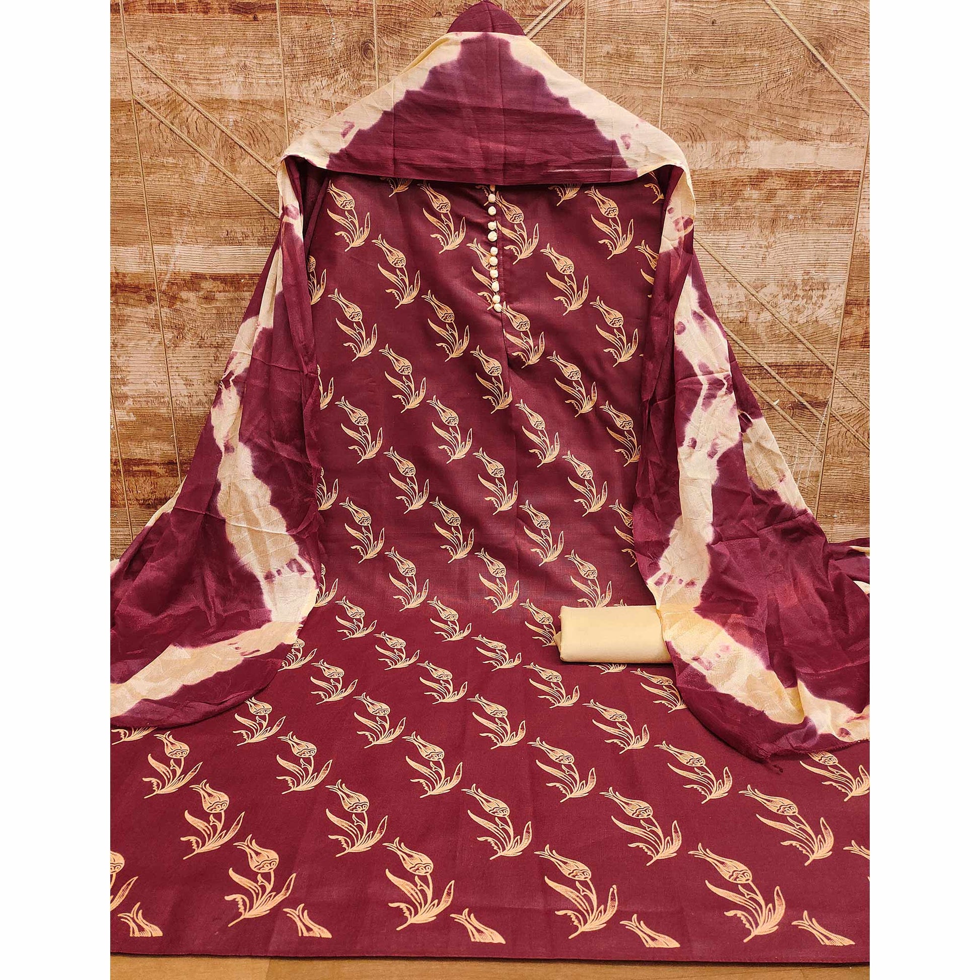 Maroon Floral Printed Slub Cotton Dress Material