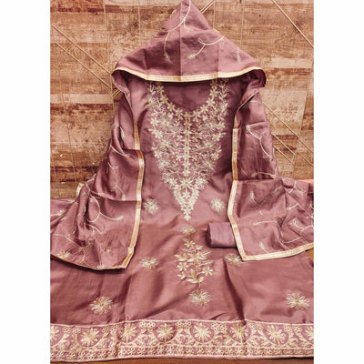 Dusty Rose Pink Floral Embroidered Art Silk Dress Material