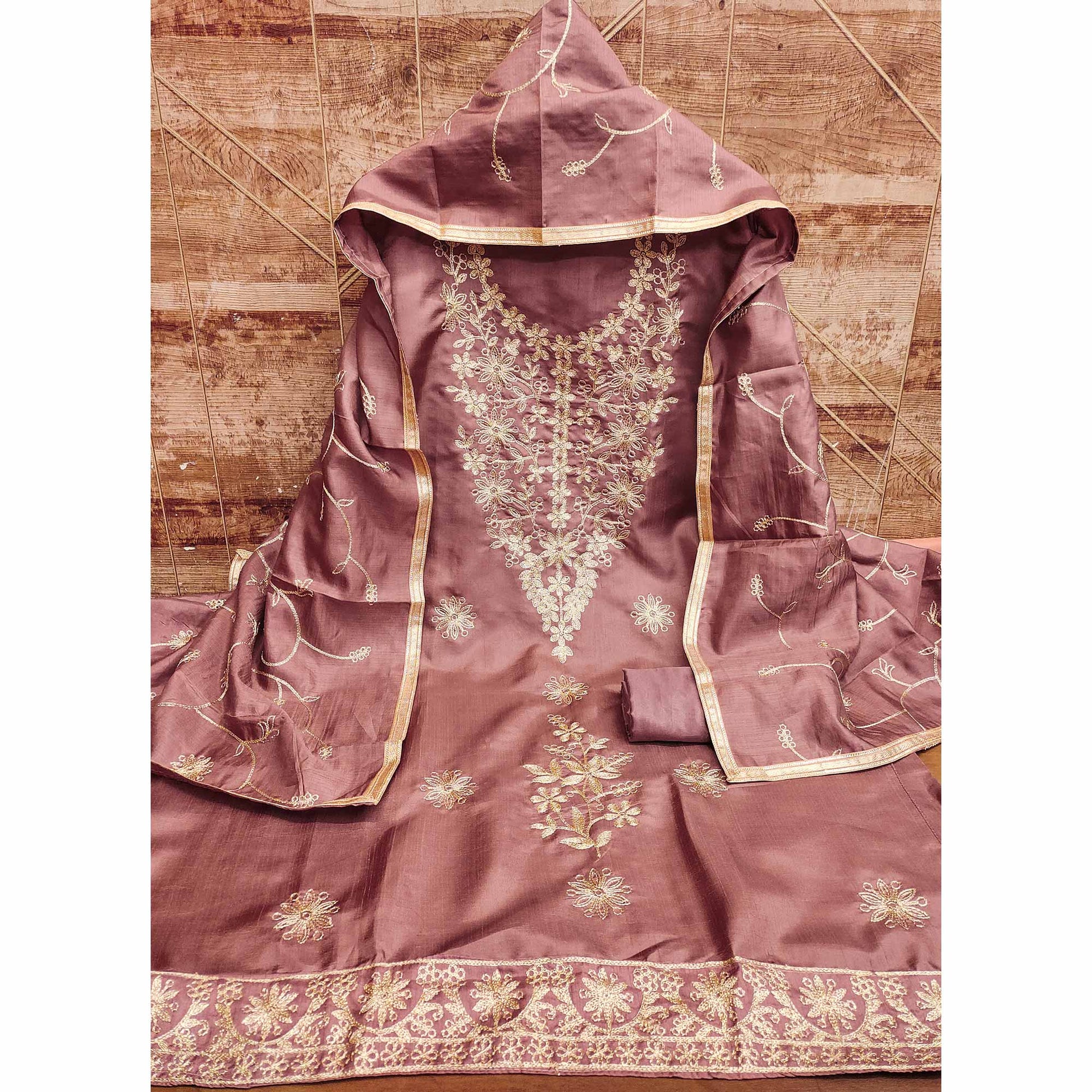 Dusty Rose Pink Floral Embroidered Art Silk Dress Material