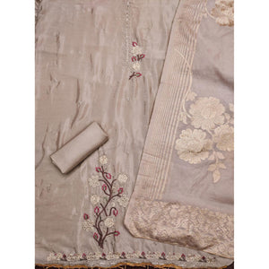 Chikoo Floral Embroidered Chinon Silk Dress Material