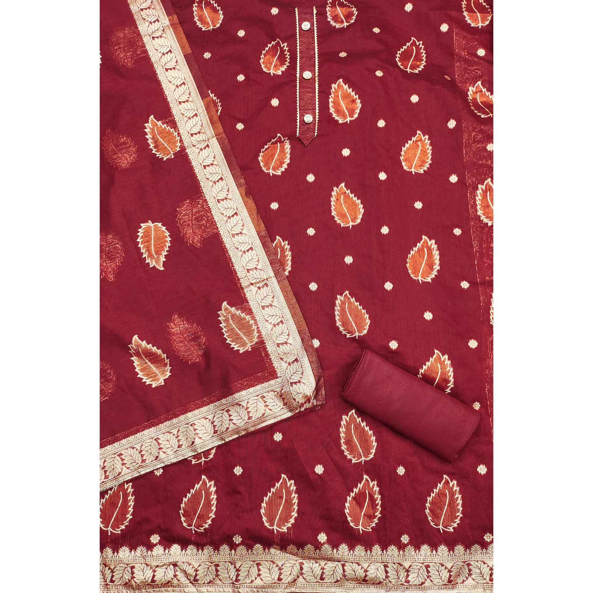 Maroon Floral Woven Shimmer Jacquard Dress Material