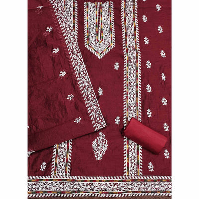 Maroon Floral Embroidered Modal Chanderi Silk Dress Material