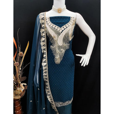 Morpich Blue Embroidered With Swarovski Work Georgette Dress Material