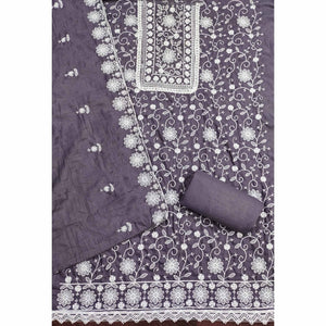 Dark Grey Floral Embroidered Art Silk Dress Material