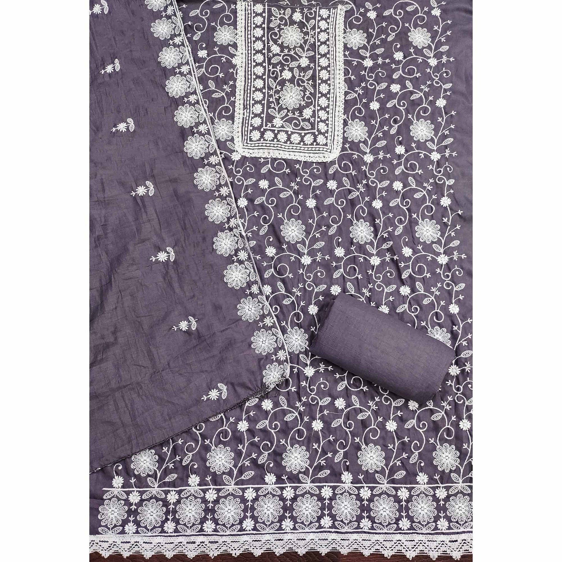 Dark Grey Floral Embroidered Art Silk Dress Material
