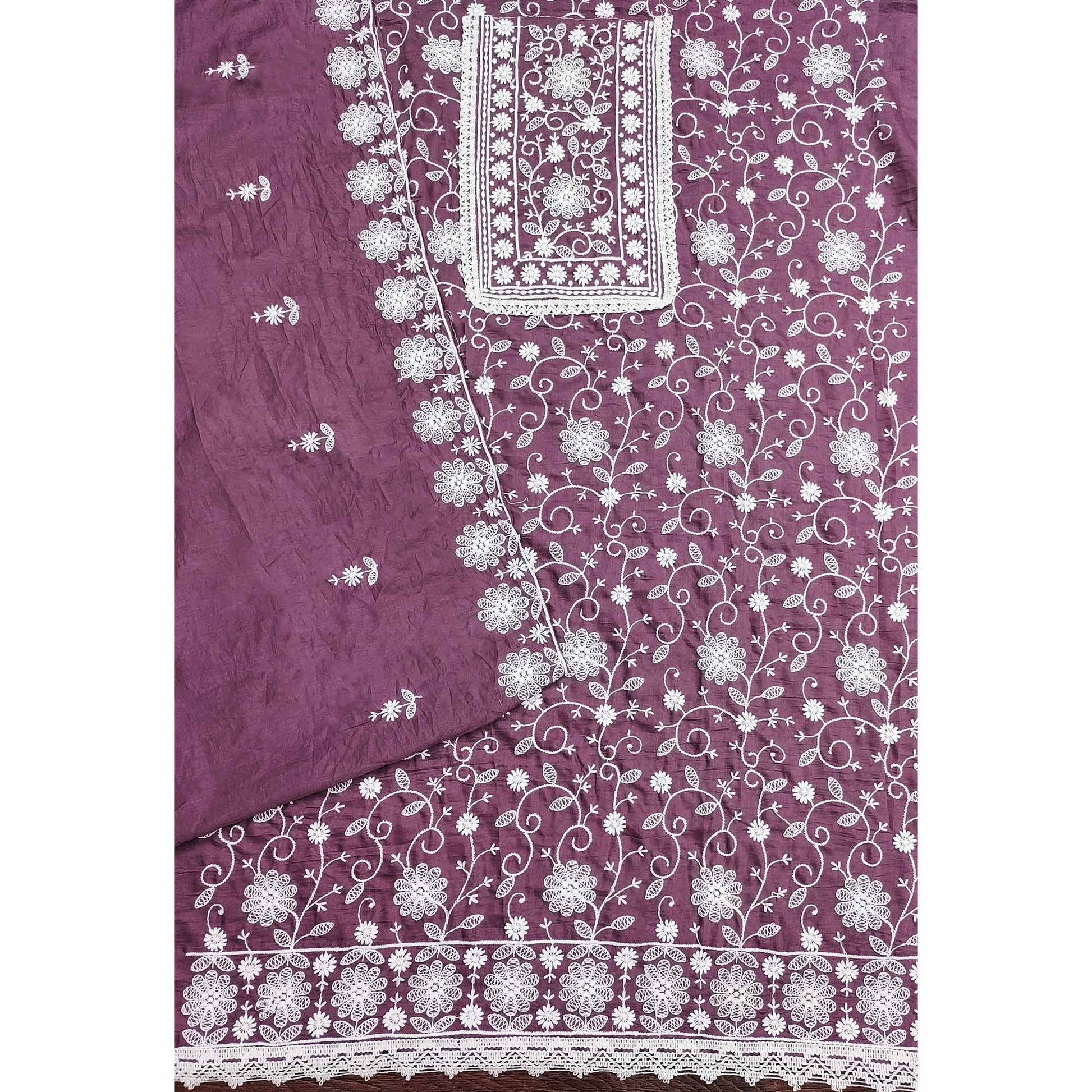 Dark Mauve Floral Embroidered Art Silk Dress Material