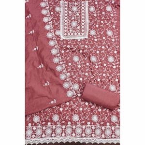 Dusty Rose Pink Floral Embroidered Art Silk Dress Material