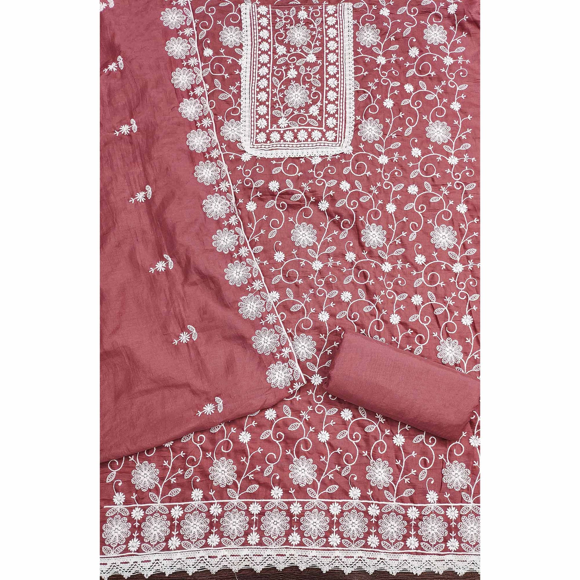 Dusty Rose Pink Floral Embroidered Art Silk Dress Material
