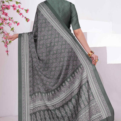 Bottle Green Digital Printed Crepe Saree