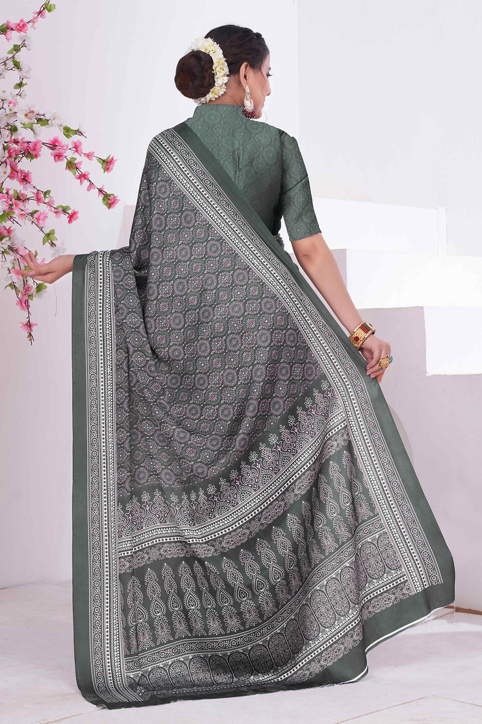 Bottle Green Digital Printed Crepe Saree