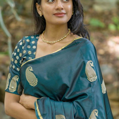 Casal Green Zari Weaving Satin Saree With Tassels