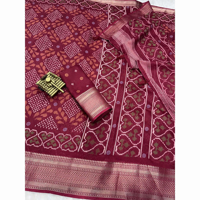 Maroon Ikkat Printed Cotton Silk Saree