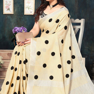 Cream Embroidered Linen Cotton Saree With Zari Border