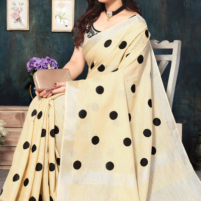 Cream Embroidered Linen Cotton Saree With Zari Border