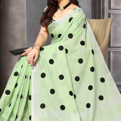 Light Green Embroidered Linen Cotton Saree With Zari Border