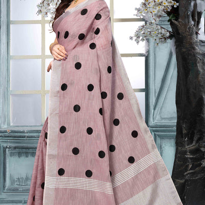 Mauve Embroidered Linen Cotton Saree With Zari Border
