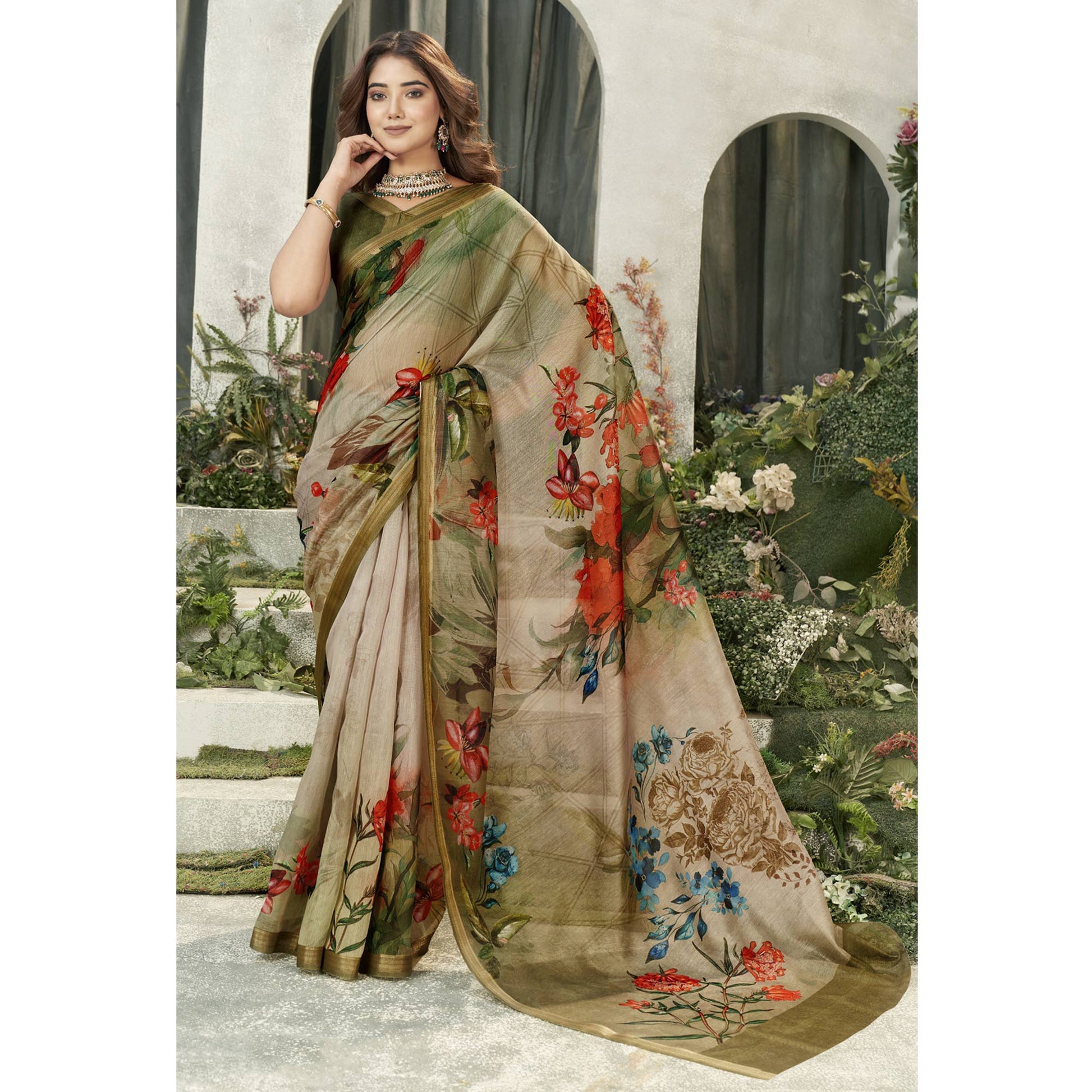 green-floral-digital-printed-chanderi-saree