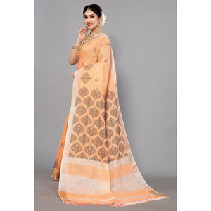 Light Orange Embroidered Cotton Silk Saree With Tassels