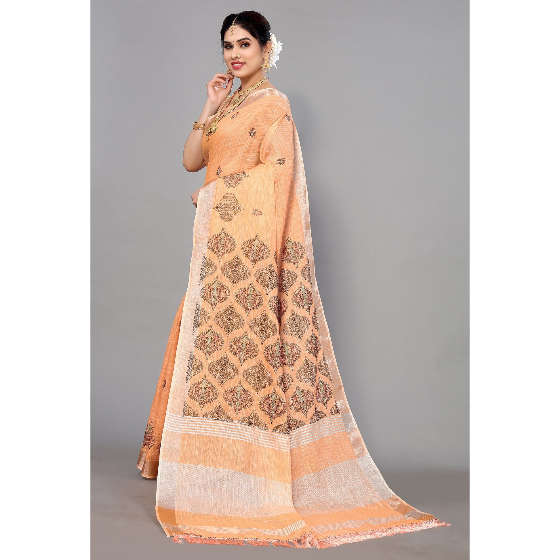 Light Orange Embroidered Cotton Silk Saree With Tassels