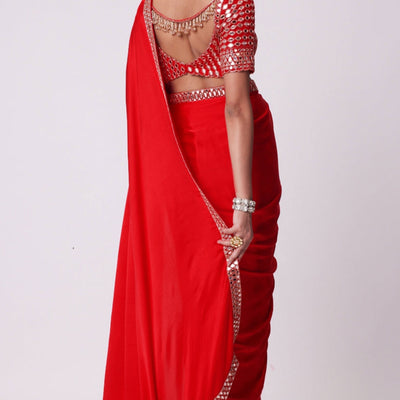 Crimson Red Mirror Embroidered Organza Saree