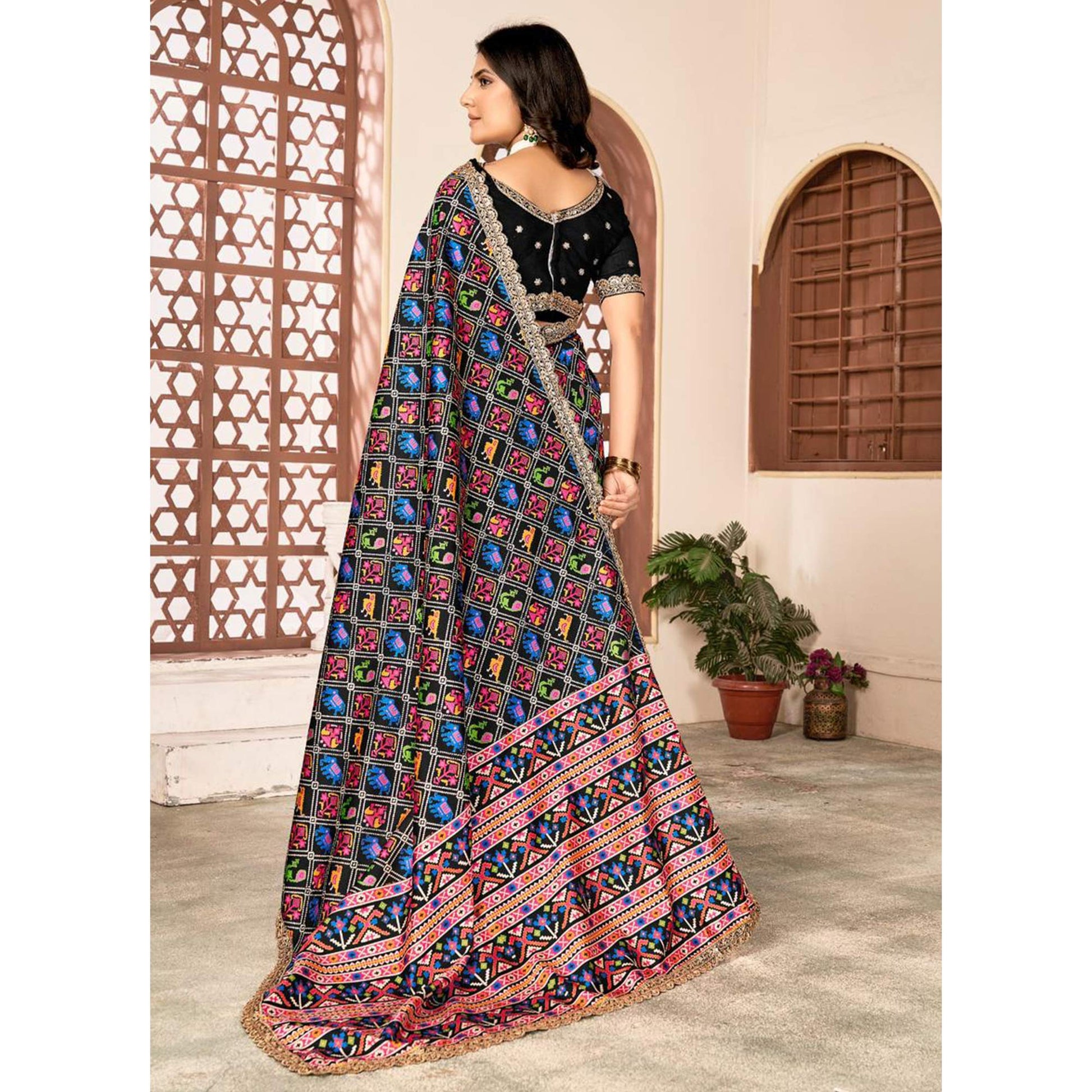 Black Printed Patola Tussar Silk Saree