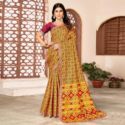 Mustard Printed Patola Tussar Silk Saree