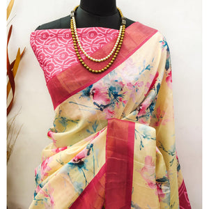 Cream & Pink Floral Digital Printed Dola Silk Saree With Jacquard Border
