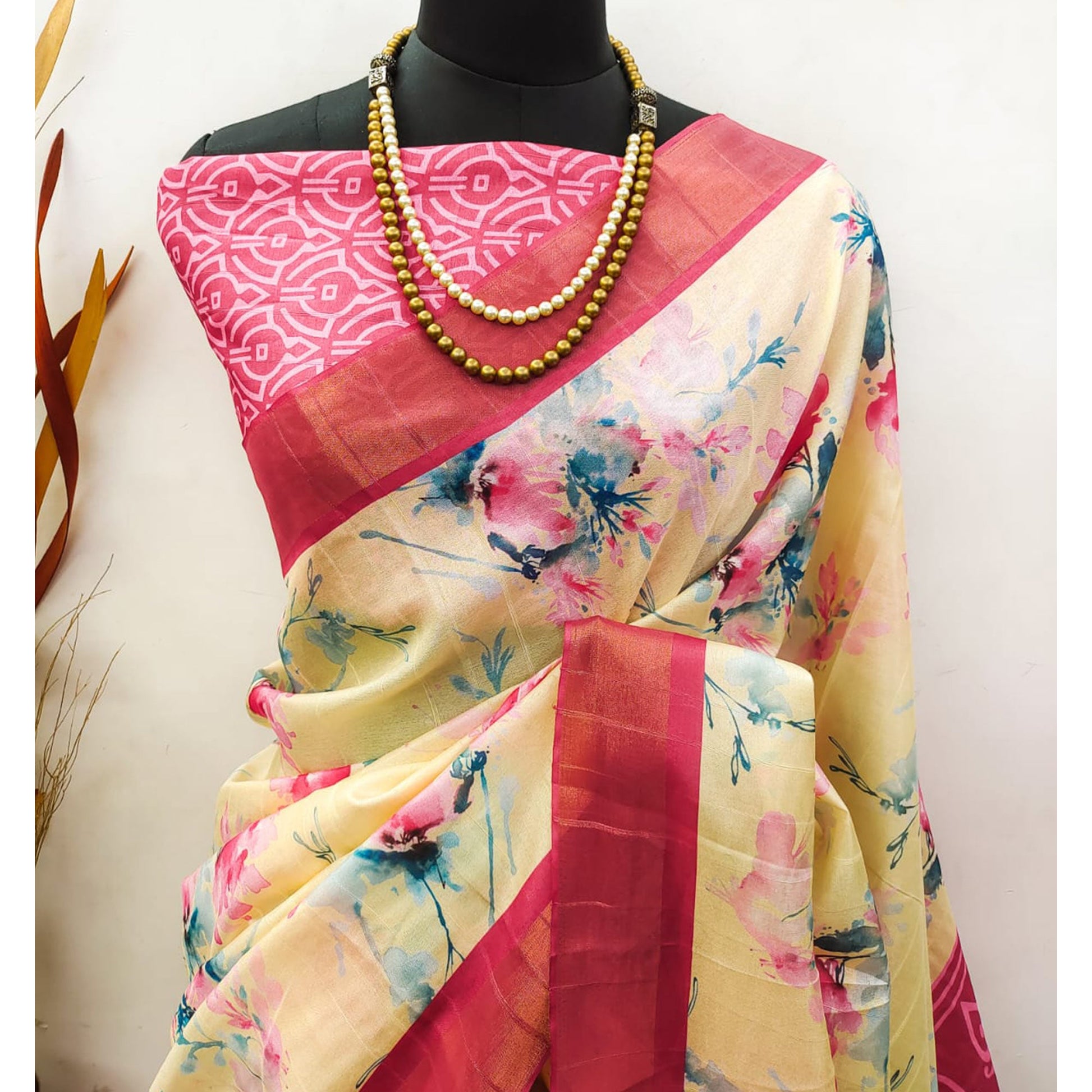 Cream & Pink Floral Digital Printed Dola Silk Saree With Jacquard Border