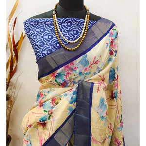 Cream & Blue Floral Digital Printed Dola Silk Saree With Jacquard Border