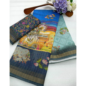 Multicolor Checks Zari Woven With Printed Linen Saree